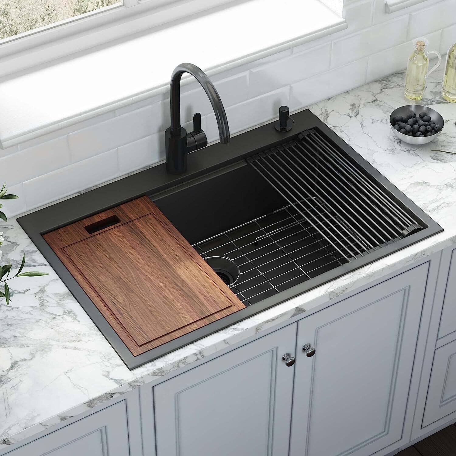 Left. APRILSOUL - 36 Inch Gunmetal Black Drop In Workstation Kitchen Sink 36x22 16 Gauge Topmount Single Bowl Stainless Steel - Black.