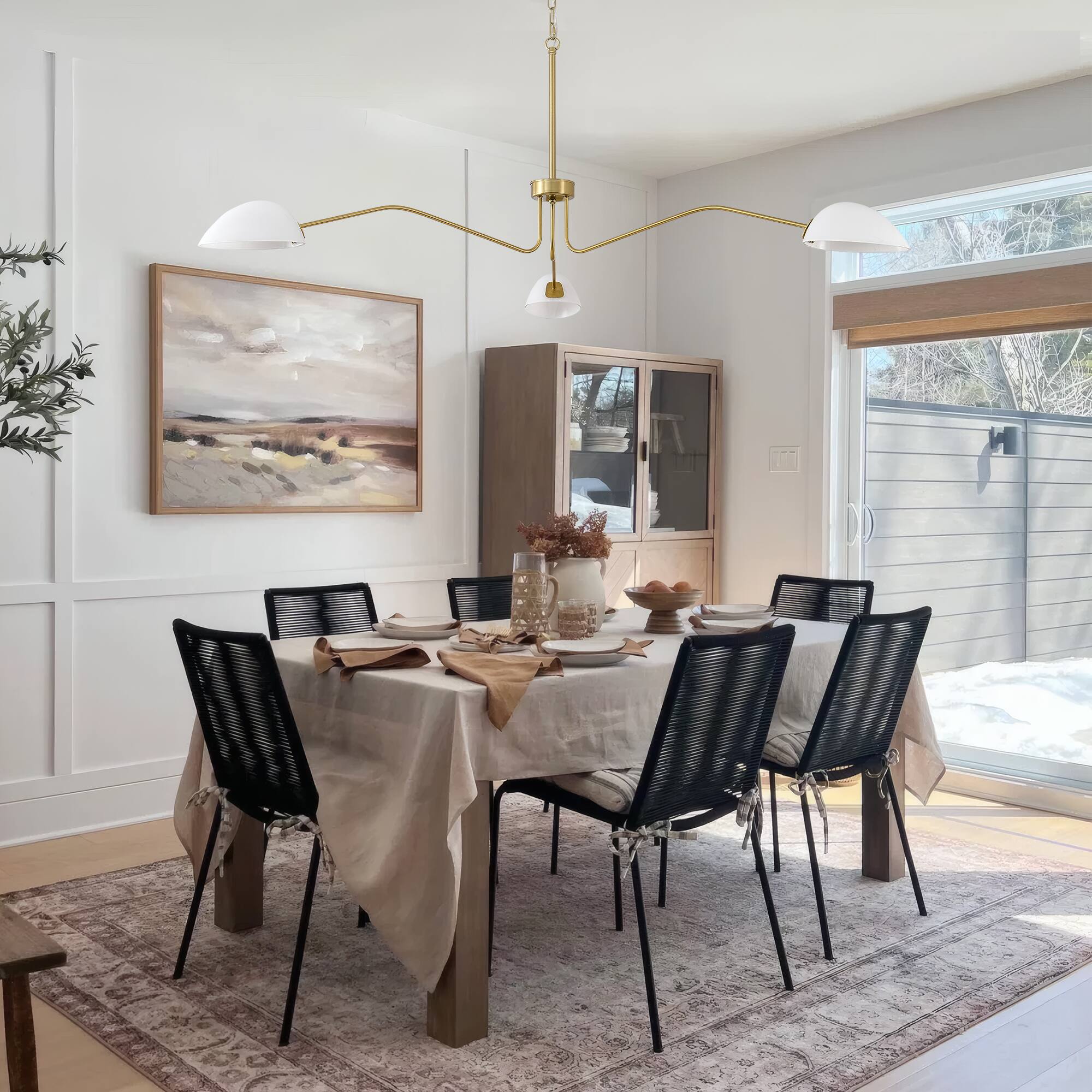 Angle. RYHNUYNE - 3-Light Brass Chandelier Adjustable Mid-Century Pendant Light with Milky Glass Shades for Dining Rooms - Brass.