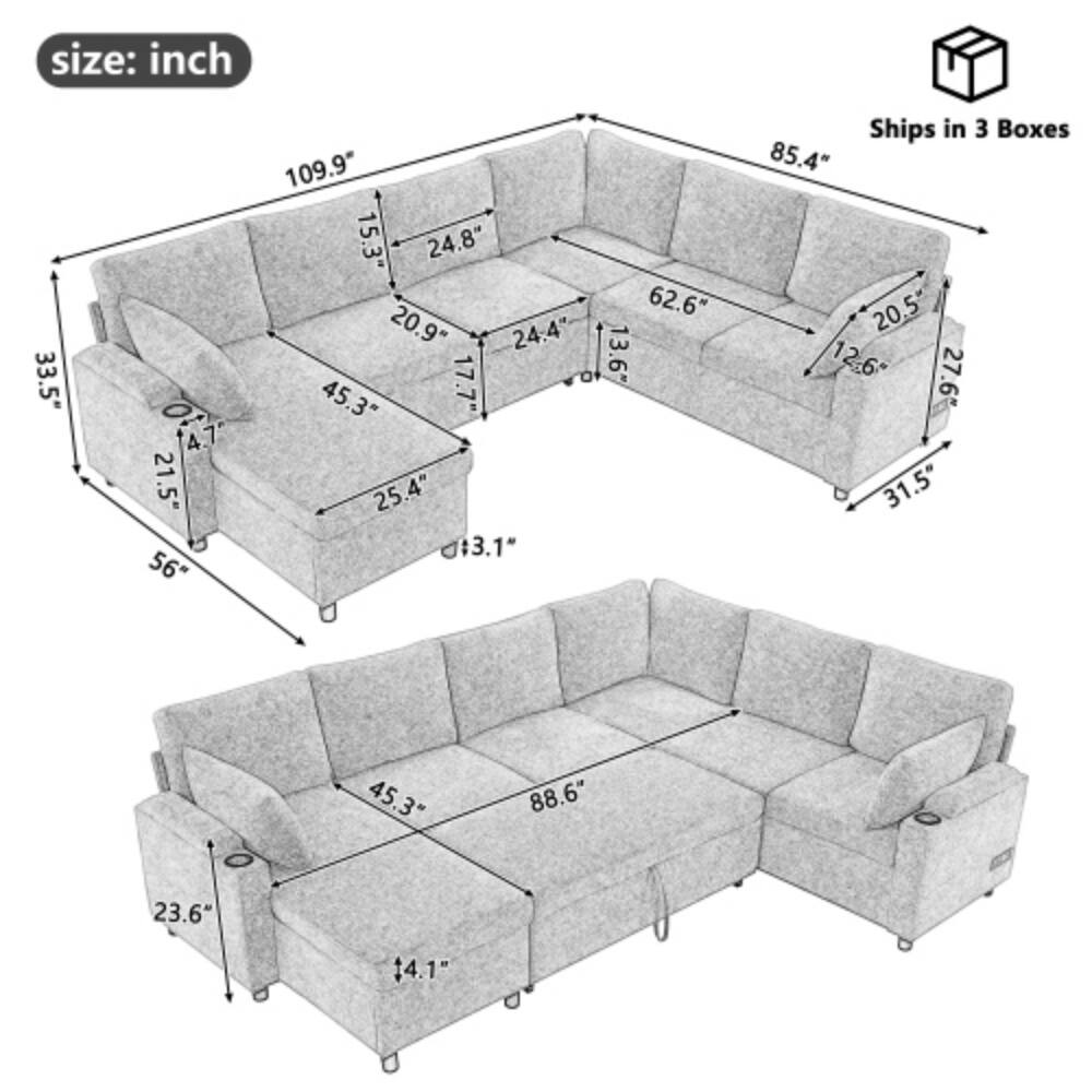size: inch  
33.5"  
21.5"  
56"  
109.9"  
15.3"  
24.8"  
62.6"  
20.9"  
24.4"  
17.7"  
13.6"  
45.3"  
25.4"  
13.1"  
85.4"  
20.5"  
12.6"  
27.6"  
31.5"  
45.3"  
88.6"  
23.6"  
14.1"  

Ships in 3 Boxes