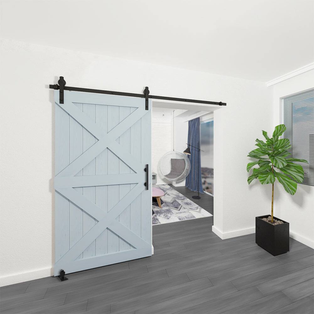 Alt View 3. Boyel Living - 8 ft./96 in. Black Steel Straight Sliding Barn Door Track and Hardware Kit with 12 in. Square Handle and Floor Guide - Black.