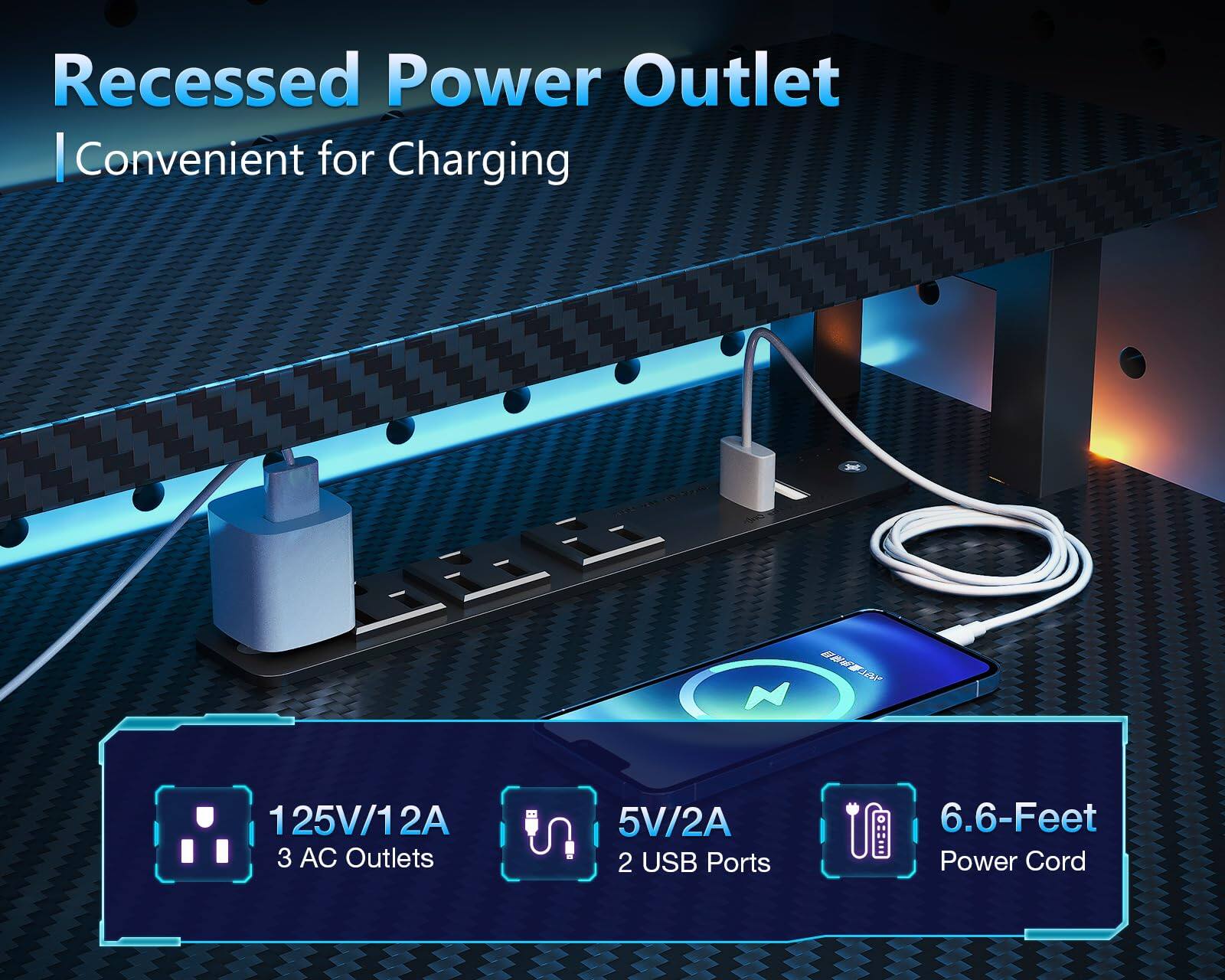 Recessed Power Outlet  
Convenient for Charging  

125V/12A  
3 AC Outlets  

5V/2A  
2 USB Ports  

6.6-Feet Power Cord