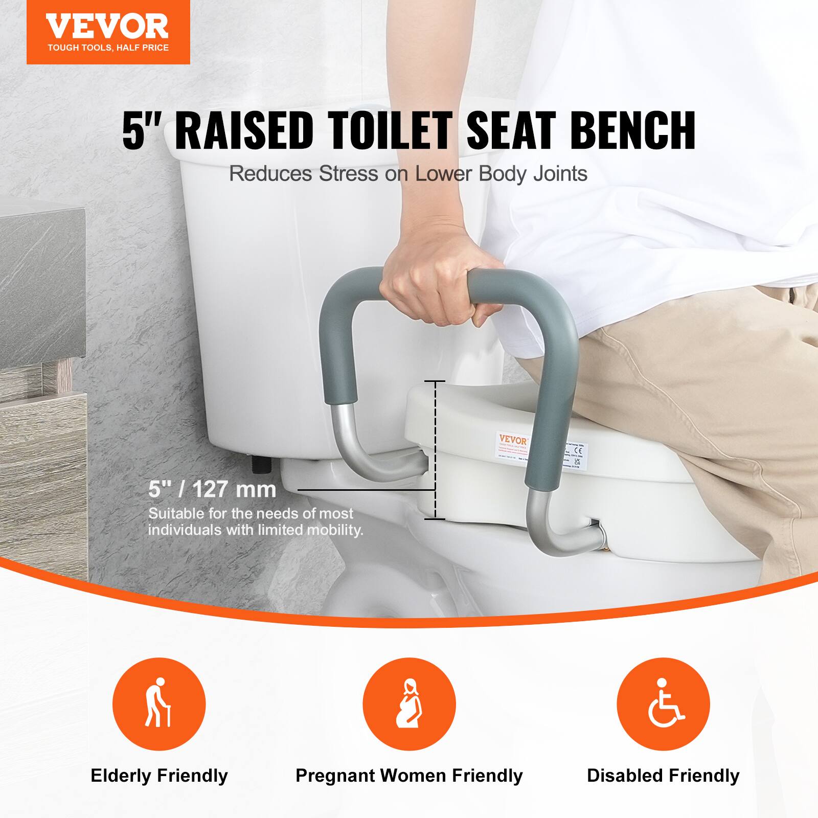 VEVOR TOUGH TOOLS. HALF PRICE 5" RAISED TOILET SEAT BENCH Reduces Stress on Lower Body Joints VEVOR  a 5" / 127 mm Suitable for the needs of most individuals with limited mobility. Elderly Friendly Pregnant Women Friendly Disabled Friendly