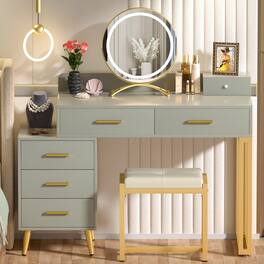 Aheaplus - Modern Vanity Desk with LED Mirror & 6 Drawers - Includes Cushioned Stool & Organizers for Bedroom - Cyan