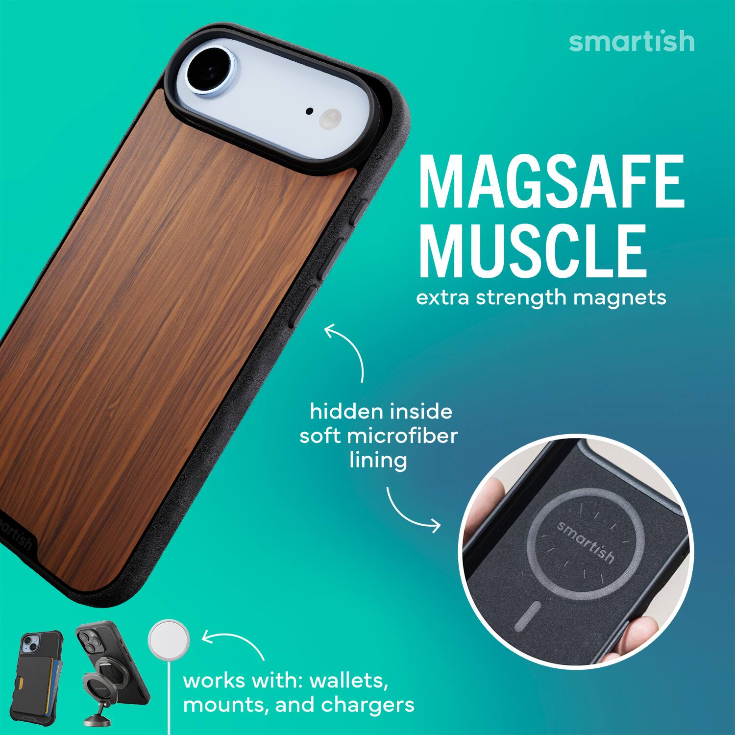 smartish MAGSAFE MUSCLE extra strength magnets hidden inside soft microfiber lining smartish works with: wallets, mounts, and chargers