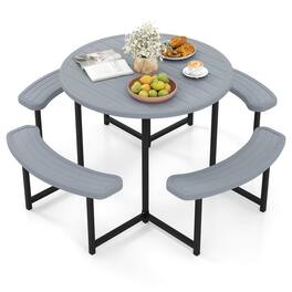 Costway - Round Picnic Table Bench Set with 4 Benches Umbrella Hole All Weather Tabletop - Gray