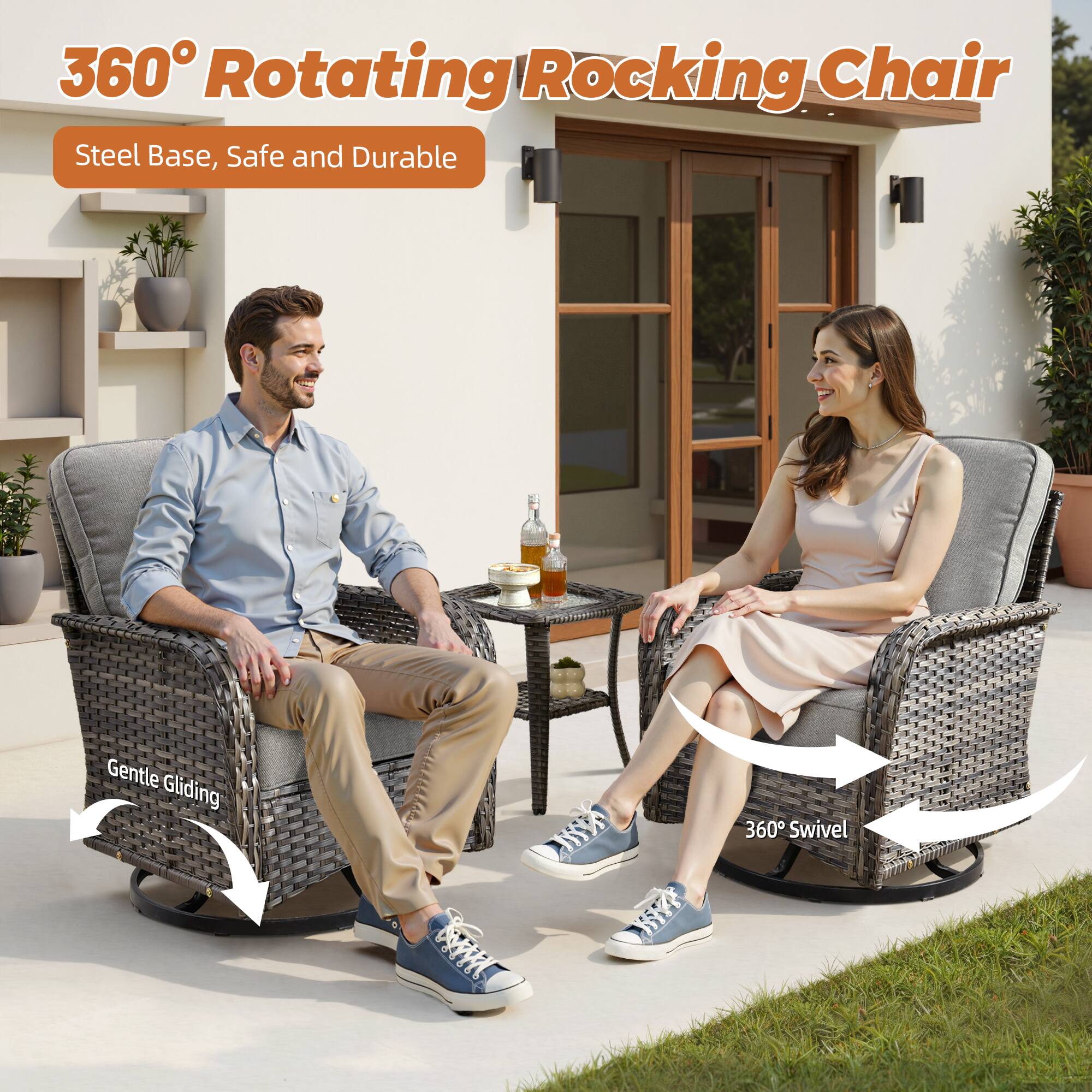360° Rotating Rocking Chair  
Steel Base, Safe and Durable  

Gentle Gliding  
360° Swivel