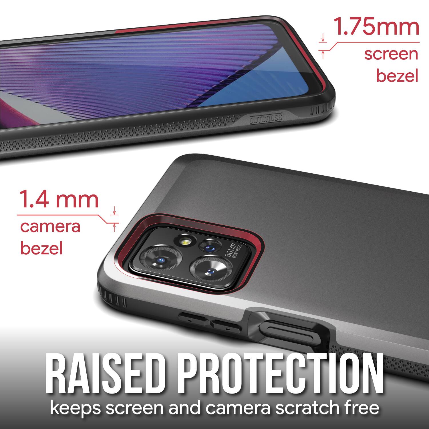 1.75mm screen bezel, 1.4 mm camera bezel, RAISED PROTECTION keeps screen and camera scratch free