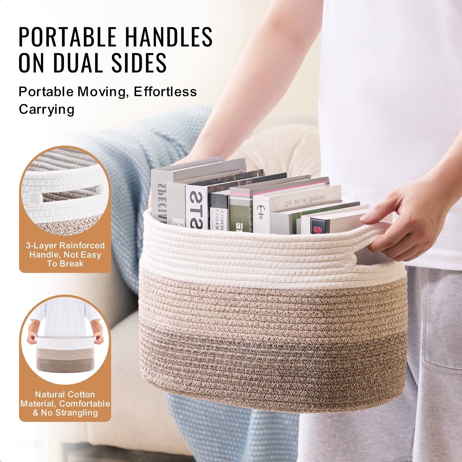 PORTABLE HANDLES ON DUAL SIDES  
Portable Moving, Effortless Carrying  

3-Layer Reinforced Handle, Not Easy To Break  

Natural Cotton Material, Comfortable & No Strangling
