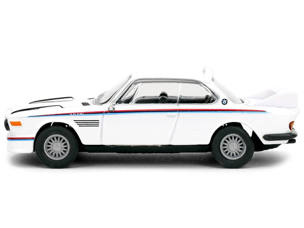 Angle. Majorette - 1975 BMW 3.0 CSL White with Red and Blue Stripes "Collection" Series 1/64 Diecast Model Car by Majorette - White with Red and Blue.