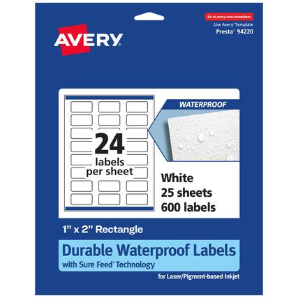 Go to avery.com/templates
AVERY
Use Avery™ Template Presta® 94220
WATERPROOF
24 labels per sheet
White
25 sheets
600 labels
1" x 2" Rectangle
Durable Waterproof Labels with Sure Feed® Technology for Laser/Pigment-based Inkjet