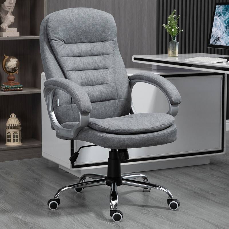 Front. HTUTWOO - High Back Executive Office Chair - Upholstered Thick Padding,Linen fabric, with Headrest Armrest for Home Office, Study - Grey.
