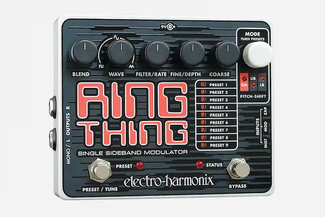 Sure, here is the corrected and grouped text from the image:
---
**Ring Thing**
Single Sideband Modulator
Electro-Harmonix
**Controls:**
- Blend
- Wave
- Filter/Rate
- Fine/Depth
- Coarse
**Mode:**
- Turn Presets
**Presets:**
- Preset 1
- Preset 2
- Preset 3
- Preset 4
- Preset 5
- Preset 6
- Preset 7
- Preset 8
- Preset 9
**Pitch-Shift:**
- UB
- RM
- LB
**Outputs:**
- Mono L/R
- L
**Inputs:**
- Inst
- Mod
**Status:**
- Bypass
**Power:**
- 9V
**Additional:**
- Preset / Tune
---