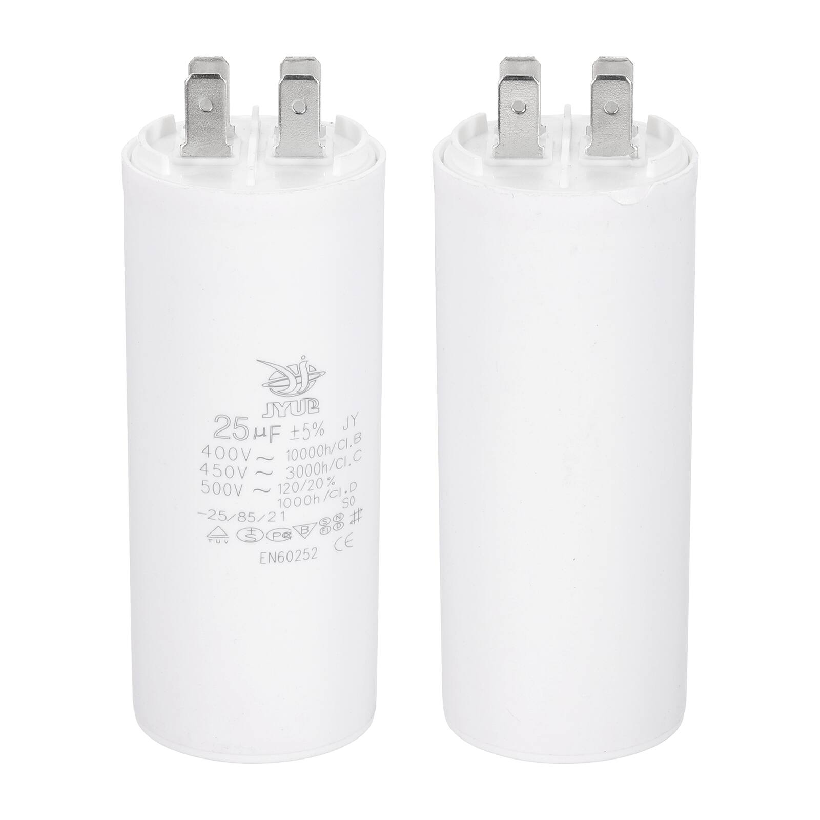 25 µF ±5% JY  
400V ~ 10000h/Cl.B  
450V ~ 3000h/Cl.C  
500V 1000h/Cl.D  
120/20%  
-25/85/21  
EN60252  
CE