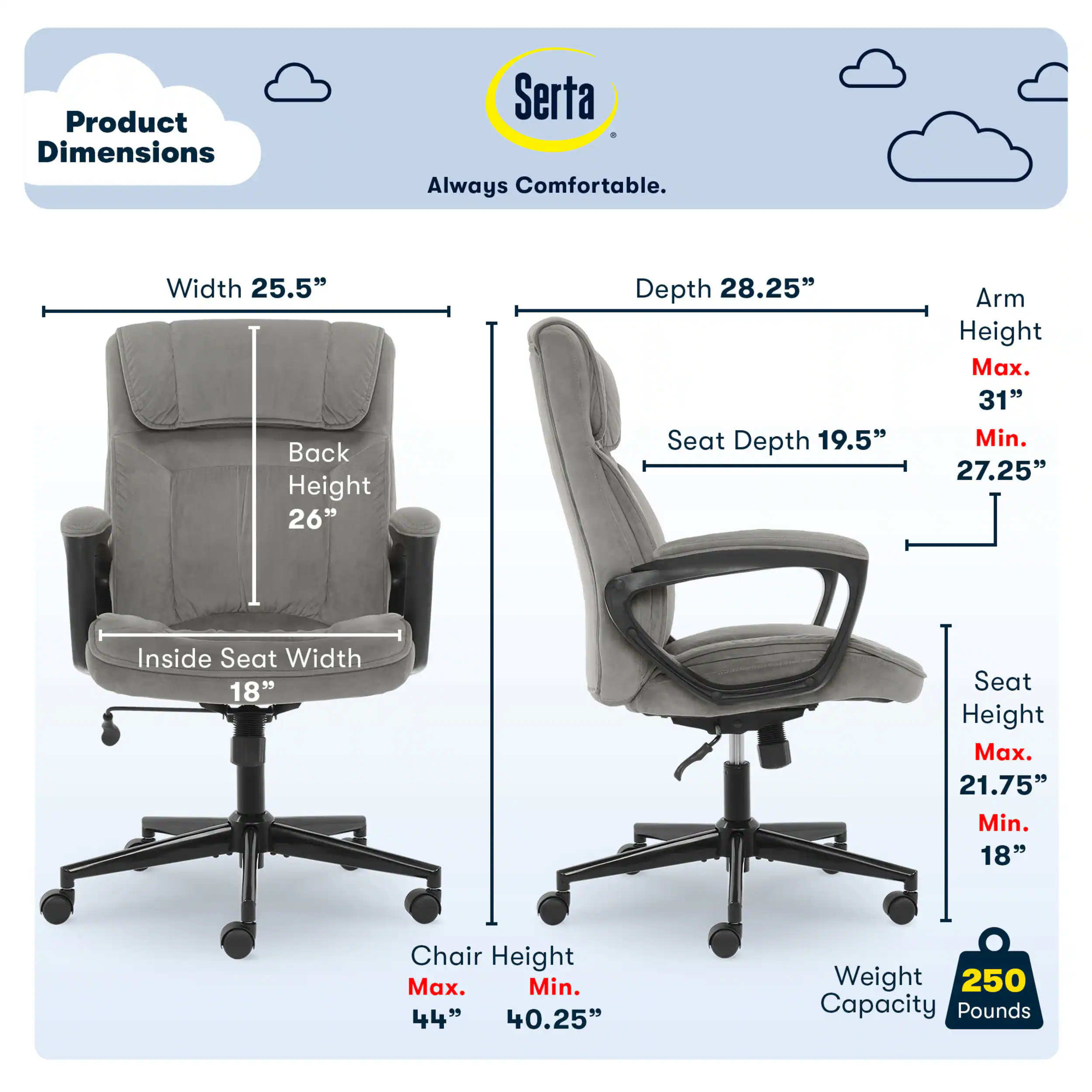 Left. Serta - Ergonomic Executive Office Chair with Lumbar Support Headrest Pillow Padded Armrests Swivel Soft Microfiber Fabric - Soft Plush - Gray.