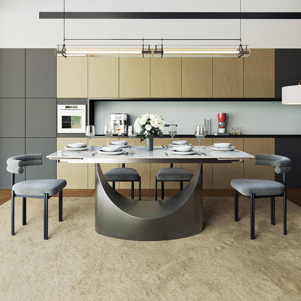 Alt View 7. POVISON - 71"-95"Extendable Modern White Dining Table for 6-10, Rectangular Glossy Sintered Stone Tabletop, Gray Carbon Steel Leg - Glossy White Sintered Stone with Gray.