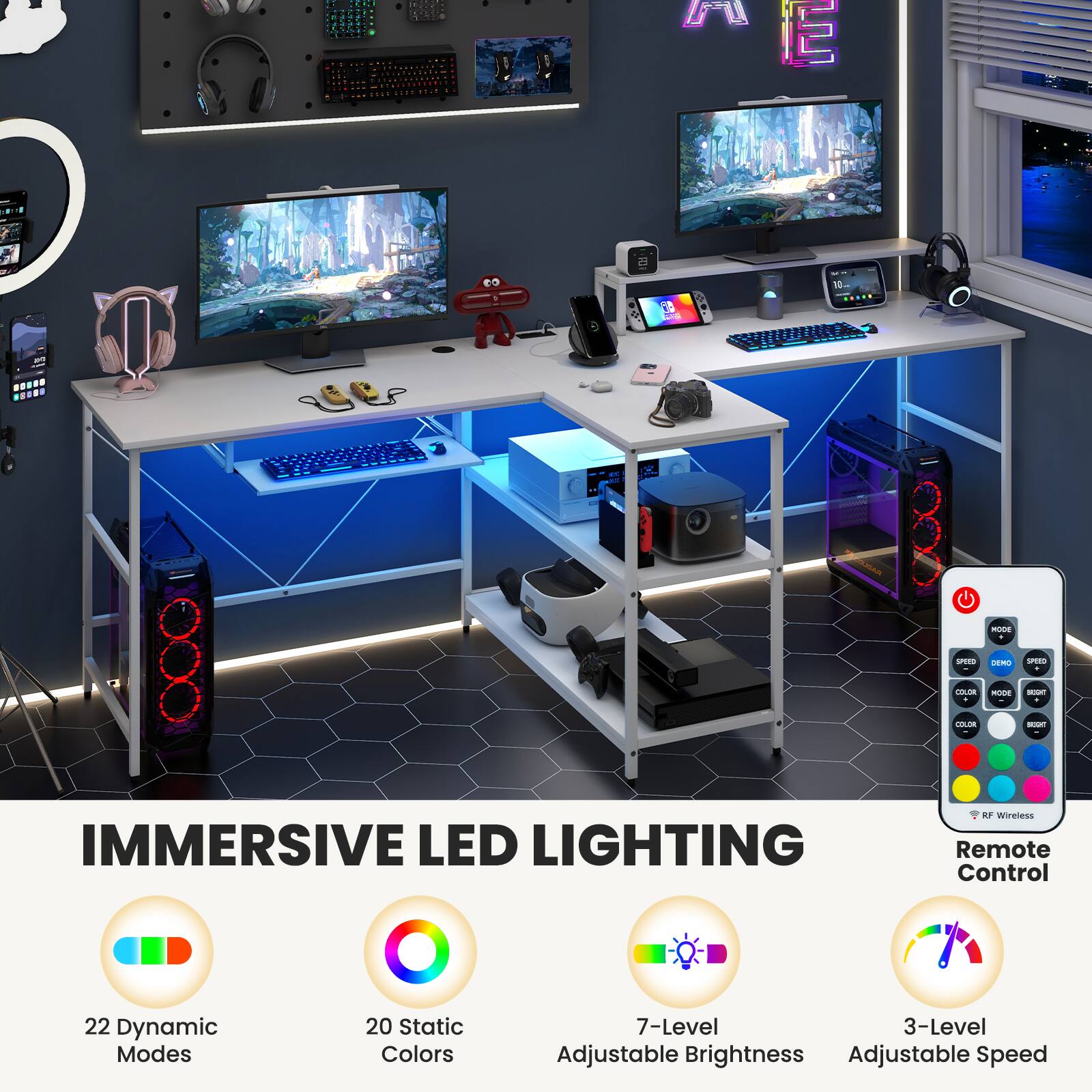 1. IMMERSIVE LED LIGHTING of Wireless Remote Control
2. 22 Dynamic Modes
3. 20 Static Colors
4. 7-Level Adjustable Brightness
5. 3-Level Adjustable Speed
