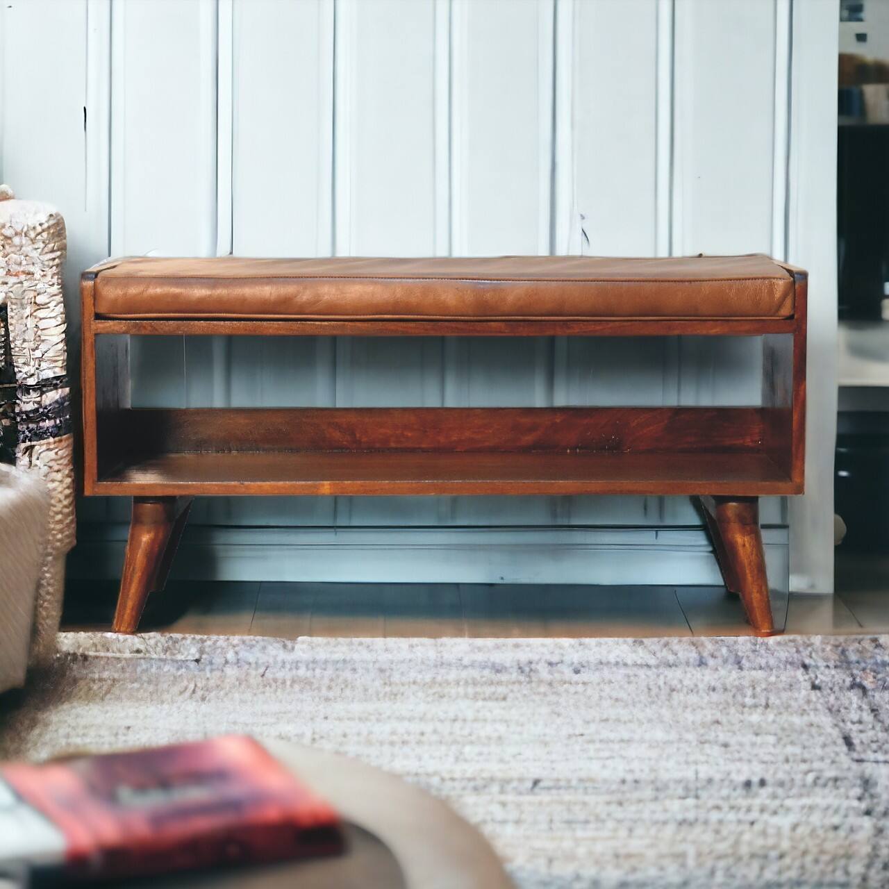 Angle. Artisan Furniture - Artisan Furniture Solid Wood Chestnut Bench with Brown Leather Seatpad, Upholstered, 1 Open Slot, Dark Brown - Dark Brown.