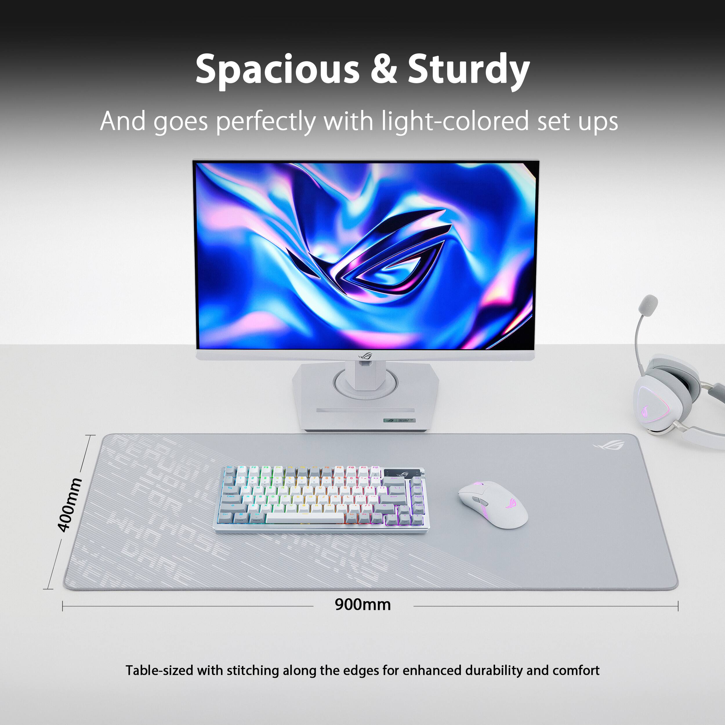 Spacious & Sturdy: And goes perfectly with light-colored set ups. 400mm x 900mm. Table-sized with stitching along the edges for enhanced durability and comfort.