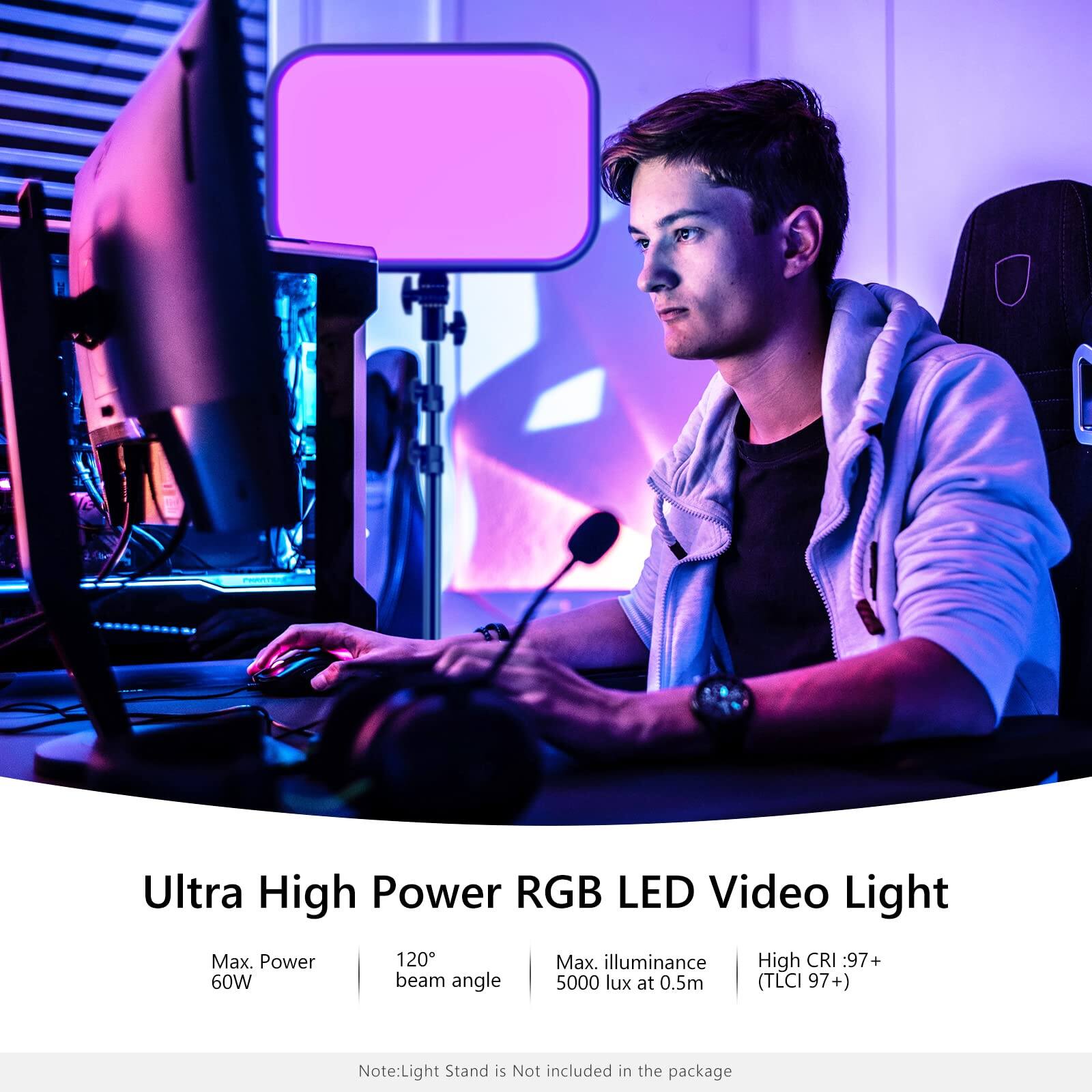 Ultra High Power RGB LED Video Light

Max. Power: 60W  
Max. illuminance: 5000 lux at 0.5m (TLCI 97+)  
High CRI: 97+  
Beam angle: 120°  

Note: Light Stand is Not included in the package