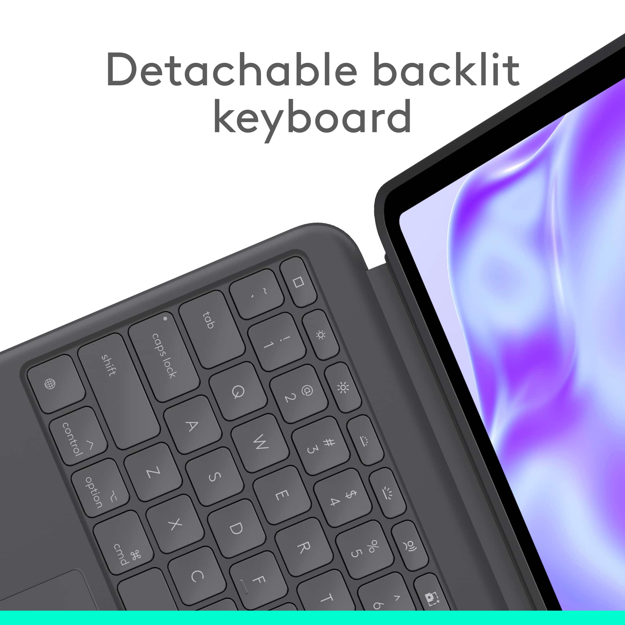 Detachable backlit keyboard with caps lock, shift lock, control, and option keys, as well as the Z, X, cmd, tab, S, I, -, !, p, 2, #, D, 3, E, $ and F keys.