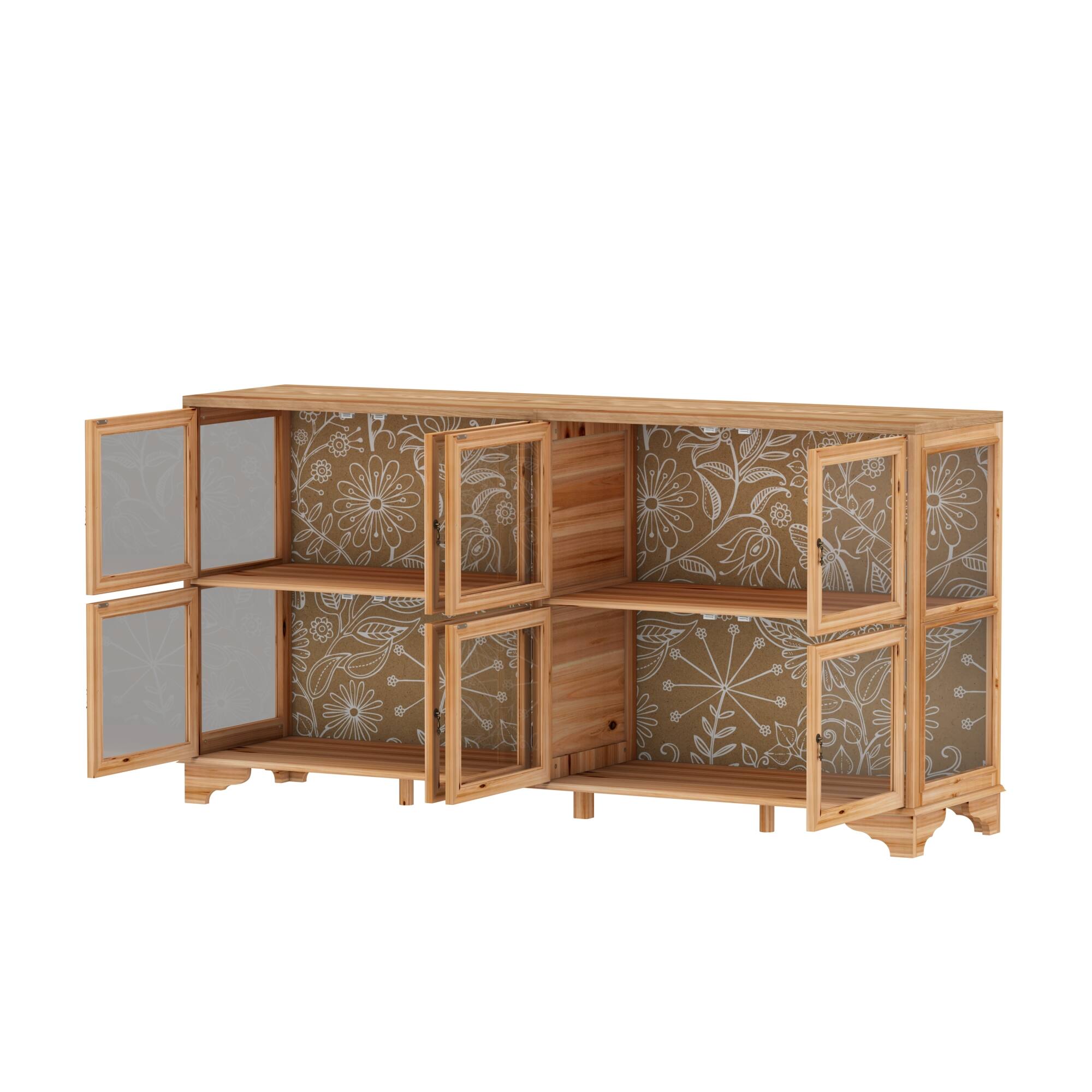 Angle. Famapy - Famapy Wooden Buffet with Glass Doors: Patterned Interior & Classic Handles Sideboards - Wooden.