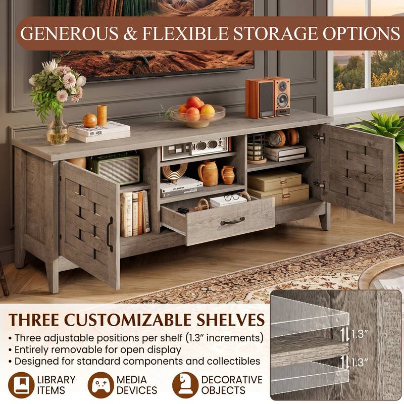 GENEROUS & FLEXIBLE STORAGE OPTIONS

THREE CUSTOMIZABLE SHELVES
- Three adjustable positions per shelf (1.3" increments)
- Entirely removable for open display
- Designed for standard components and collectibles

LIBRARY ITEMS
MEDIA DEVICES
DECORATIVE OBJECTS