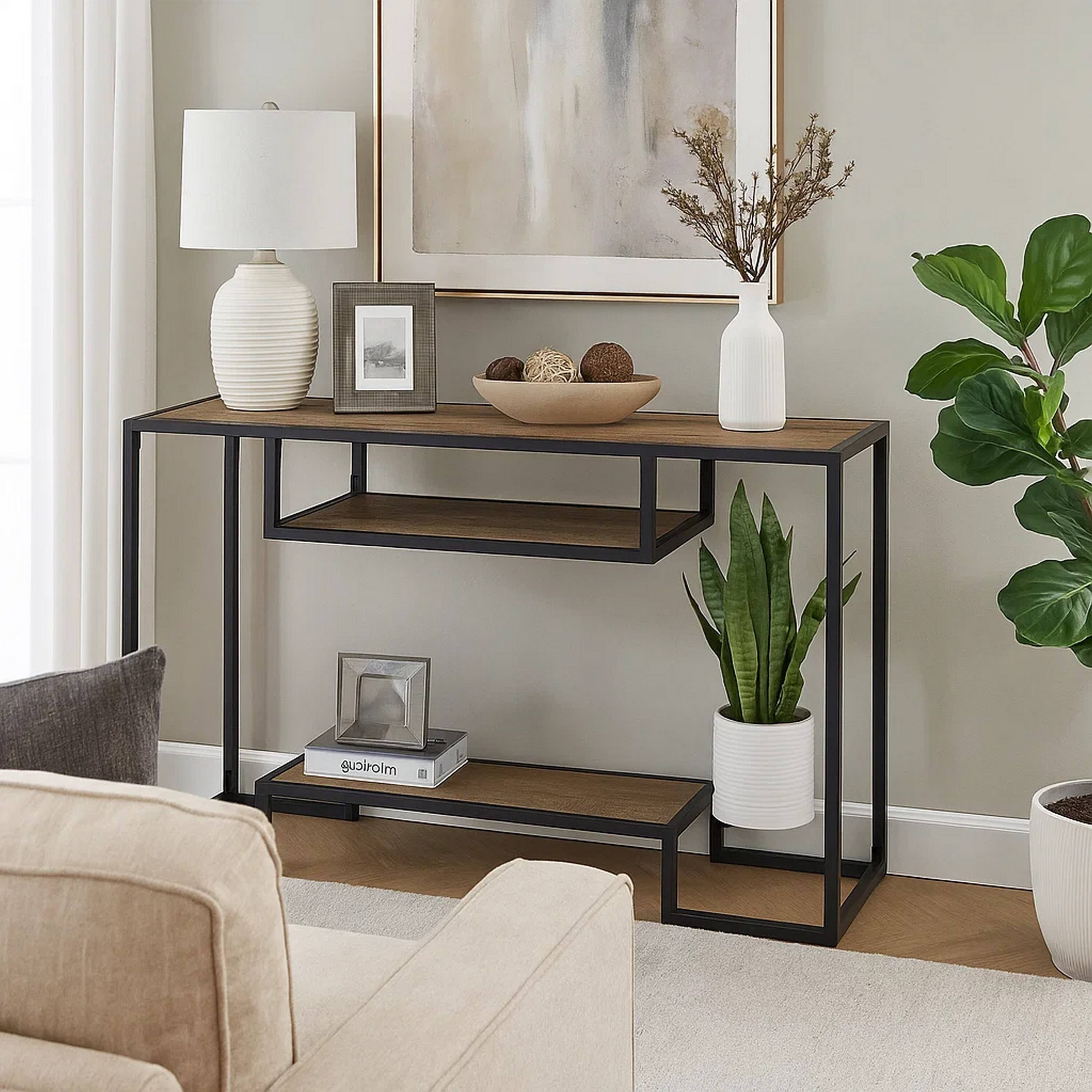 Alt View 5. Manhattan Lane - Lea 48 Inch Wood Sideboard Sofa Table, Grain Details, Metal, Rustic Oak - Brown.