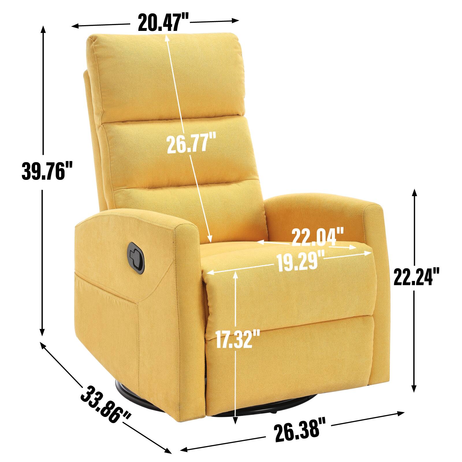 - Height: 39.76"
- Width: 33.86"
- Depth: 26.38"
- Seat Height: 17.32"
- Seat Depth: 22.04"
- Back Height: 26.77"
- Armrest Height: 20.47"
- Armrest Width: 22.24"
- Seat Width: 19.29"