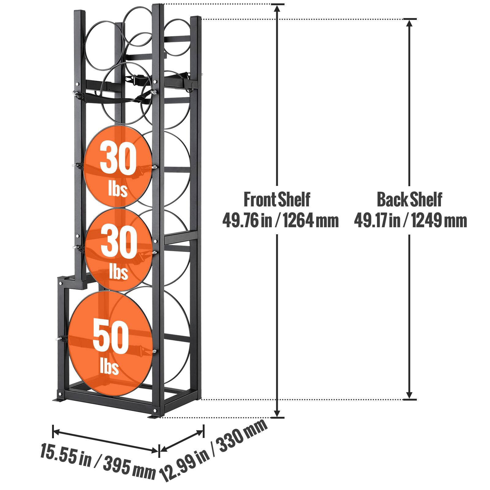 30 lbs  
30 lbs  
Front Shelf: 49.76 in / 1264 mm  
Back Shelf: 49.17 in / 1249 mm  
50 lbs  
15.55 in / 395 mm  
12.99 in / 330 mm