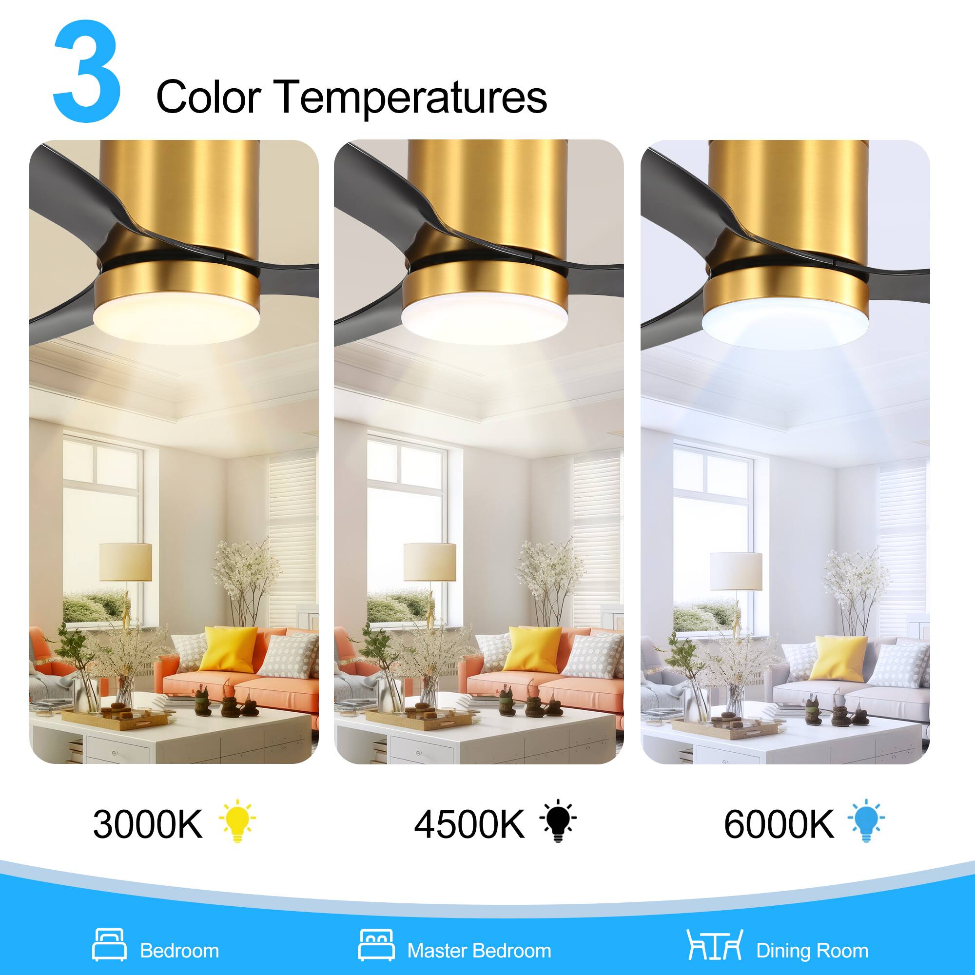 3 Color Temperatures

3000K Bedroom  
4500K Master Bedroom  
6000K Dining Room