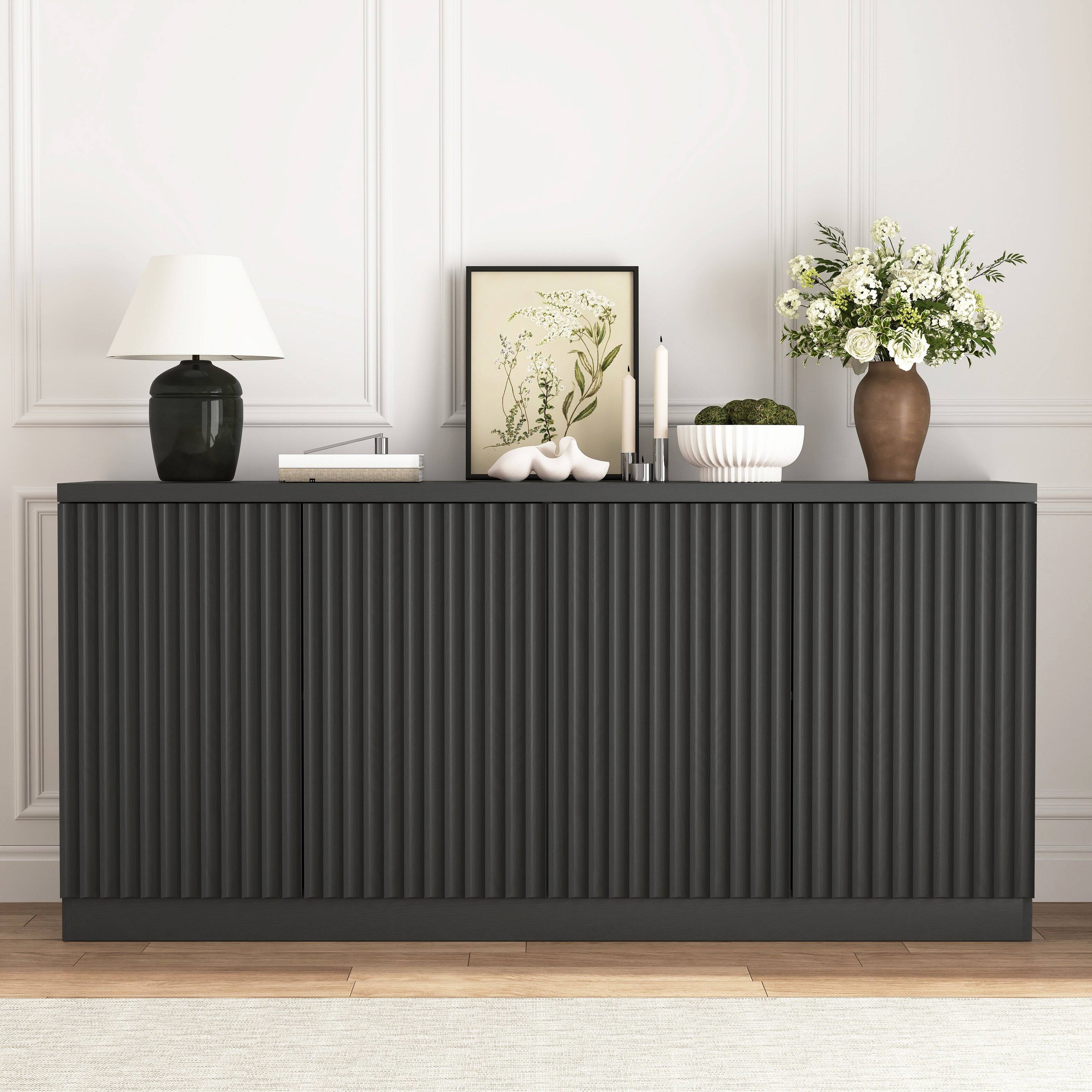 Angle. Z-Edge - Buffet Cabinet with Storage, 62.6" Sideboard Cabinet with 4 Doors & Shelves, Modern Coffee Bar for Kitchen, Living Room - Black.