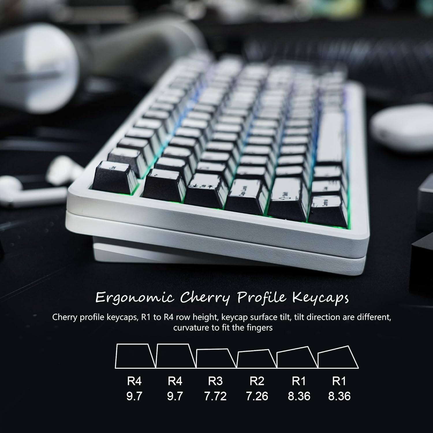 N P 4 Ergonomic Cherry Profile Keycaps

Cherry profile keycaps, R1 to R4 row height, keycap surface tilt, tilt direction are different, curvature to fit the fingers

R4 9.7  
R4 9.7  
R3 7.72  
R2 7.26  
R1 8.36  
R1 8.36