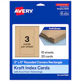 Avery - Printable Cards with Rounded Corners, 3" x 5", Kraft 30ct - Brown