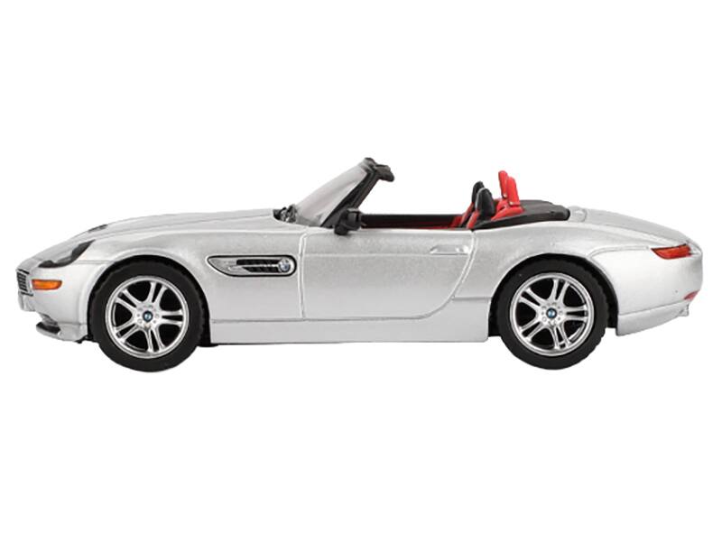 Angle. Mini GT - BMW Z8 Roadster Silver Metallic with Red and Black Interior Limited Edition 1/64 Diecast Model Car by Mini GT - Silver Metallic with Red and Black.