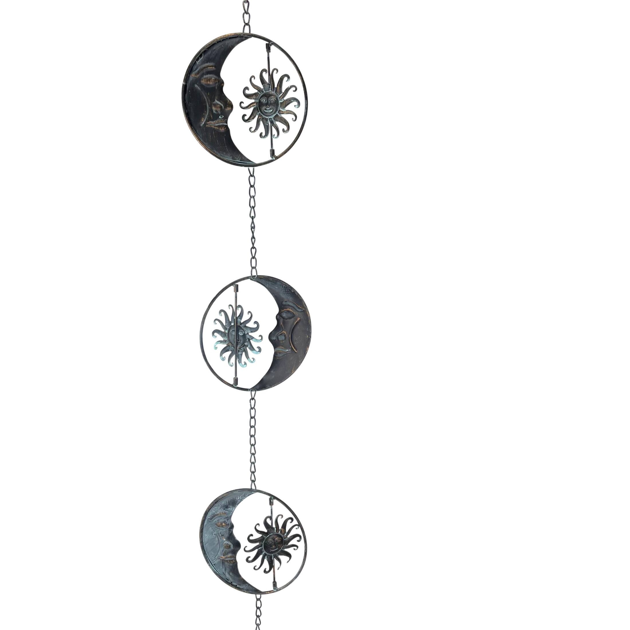 Alt View 1. Things2Die4 - 80-Inch Metal Rain Chain - 6 Celestial Crescent Moon & Suns, Verdigris Finish - Black.