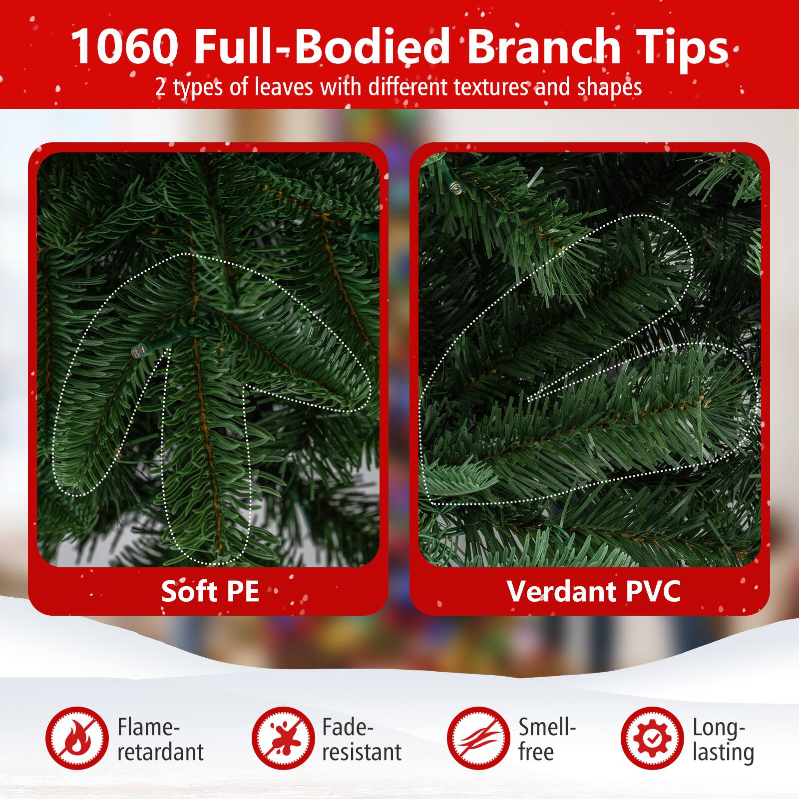 1060 Full-Bodied Branch Tips  
2 types of leaves with different textures and shapes  

Soft PE  
Verdant PVC  

Flame-retardant  
Fade-resistant  
Smell-free  
Long-lasting