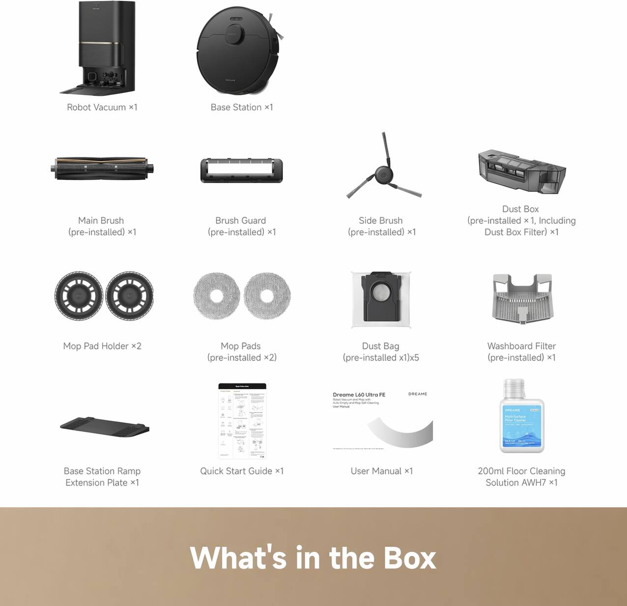 Robot Vacuum x1  
Base Station x1  
Main Brush (pre-installed) x1  
Brush Guard (pre-installed) x1  
Side Brush (pre-installed) x1  
Dust Box (pre-installed x1, Including Dust Box Filter) x1  
Mop Pad Holder x2  
Mop Pads (pre-installed x2)  
Dust Bag (pre-installed x1) x5  
Washboard Filter (pre-installed) x1  
Base Station Ramp Extension Plate x1  
Quick Start Guide x1  
User Manual x1  
200ml Floor Cleaning Solution AWH7 x1  

What's in the Box