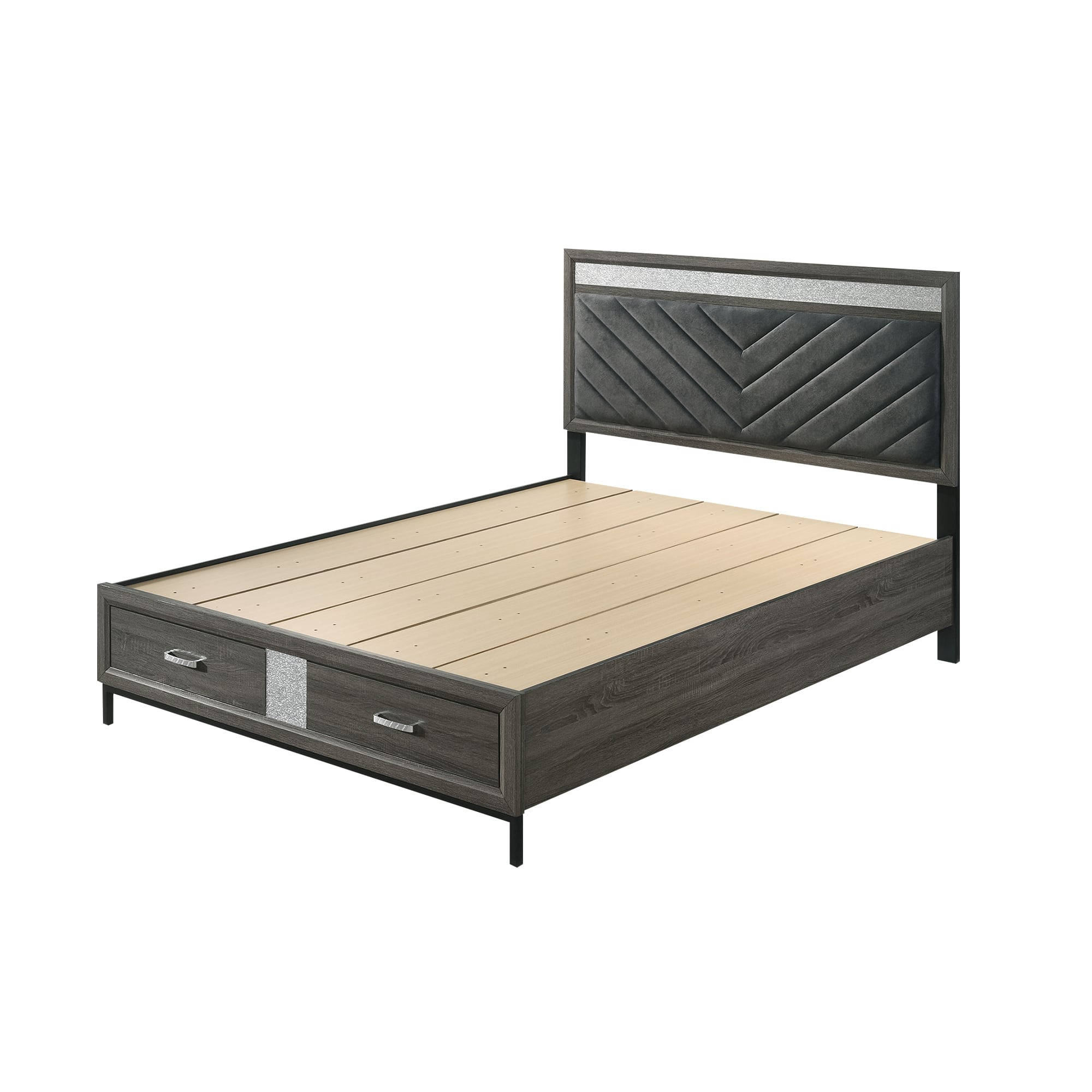 Vaczon - Full/Double Upholstered Bed Frame with Storage Drawers and Crystal-Like Handles Space-Saving Modern Bedroom Bed - Gray