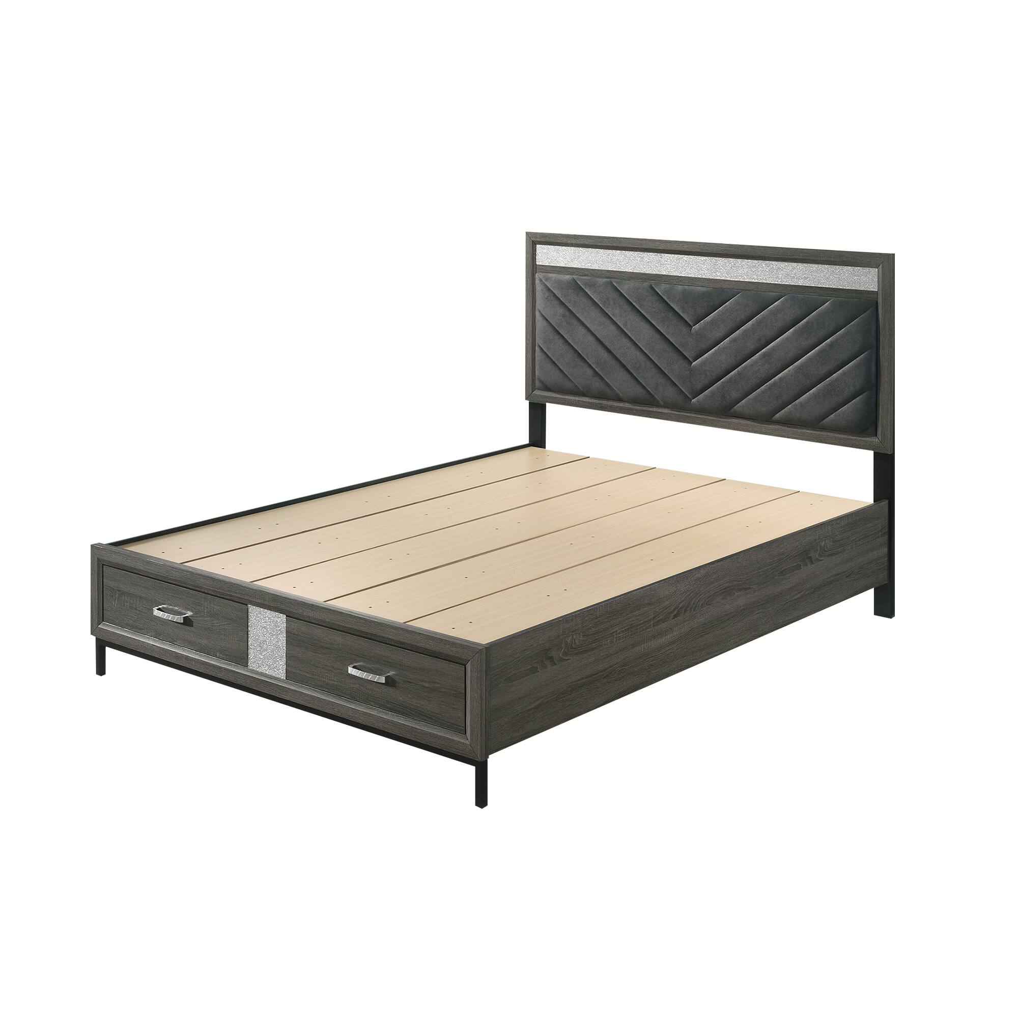Front. Vaczon - Full/Double Upholstered Bed Frame with Storage Drawers and Crystal-Like Handles Space-Saving Modern Bedroom Bed - Gray.
