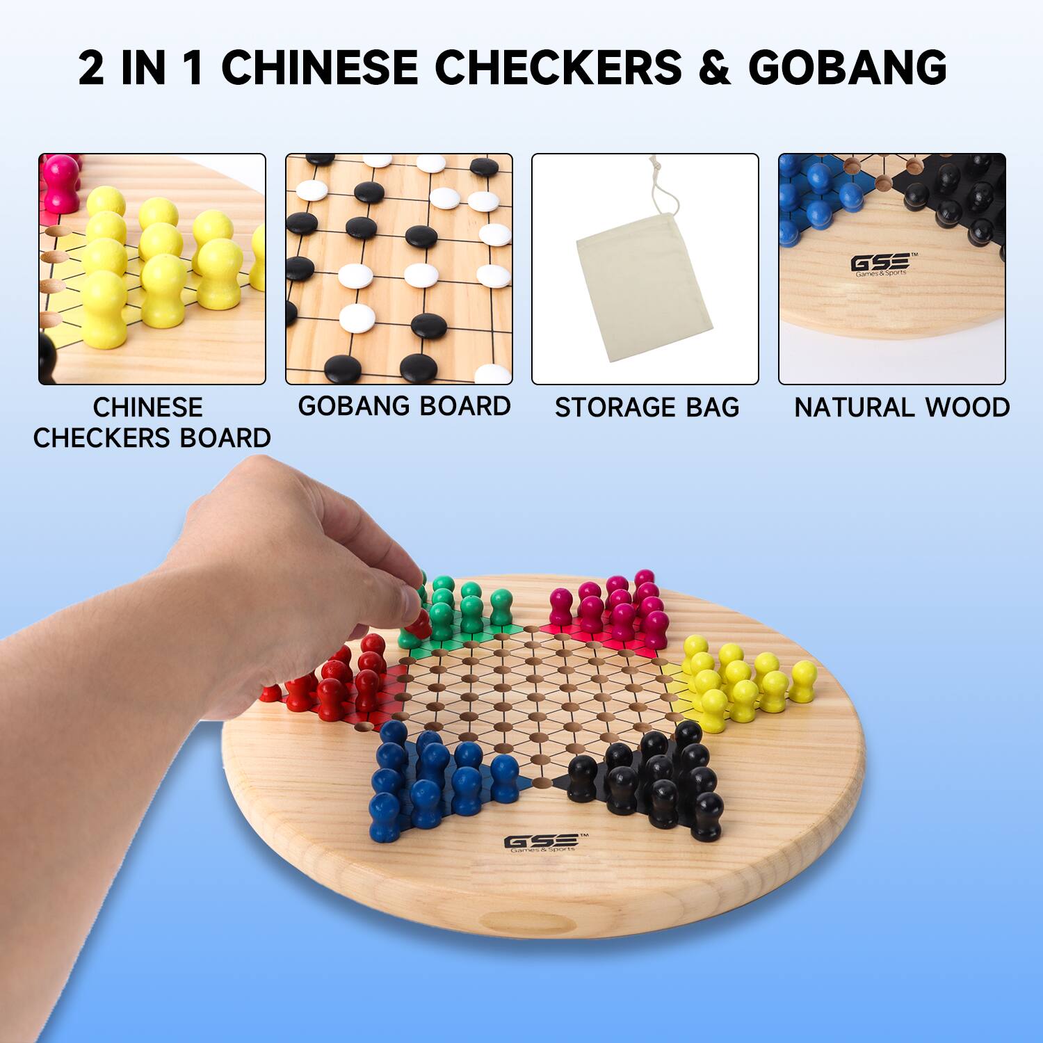 2 IN 1 CHINESE CHECKERS & GOBANG - GSE Ceers Toaie CHINESE GOBANG BOARD STORAGE BAG CHECKERS BOARD NATURAL WOOD ee GSE | . |