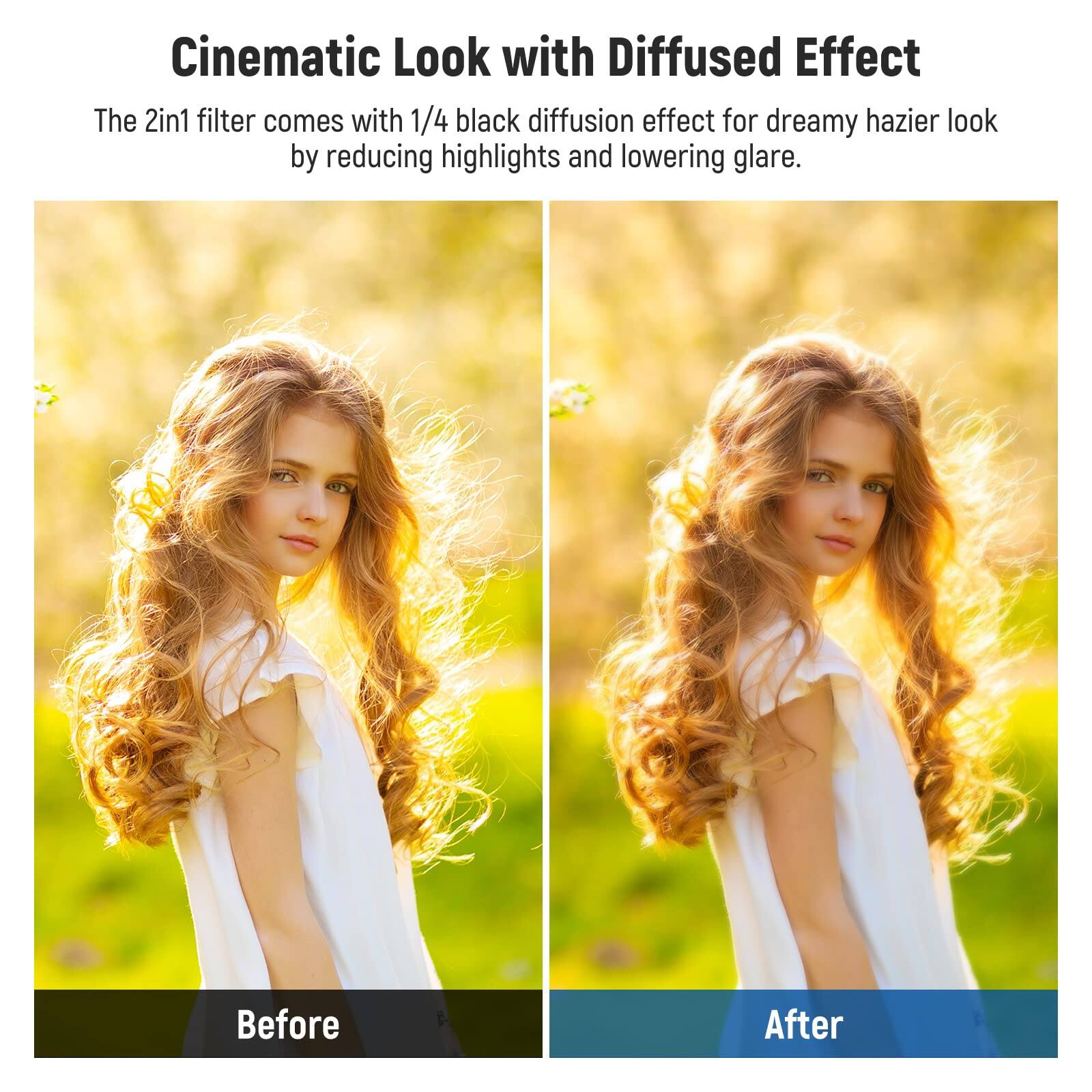 Cinematic Look with Diffused Effect

The 2in1 filter comes with 1/4 black diffusion effect for dreamy hazier look by reducing highlights and lowering glare.

Before After