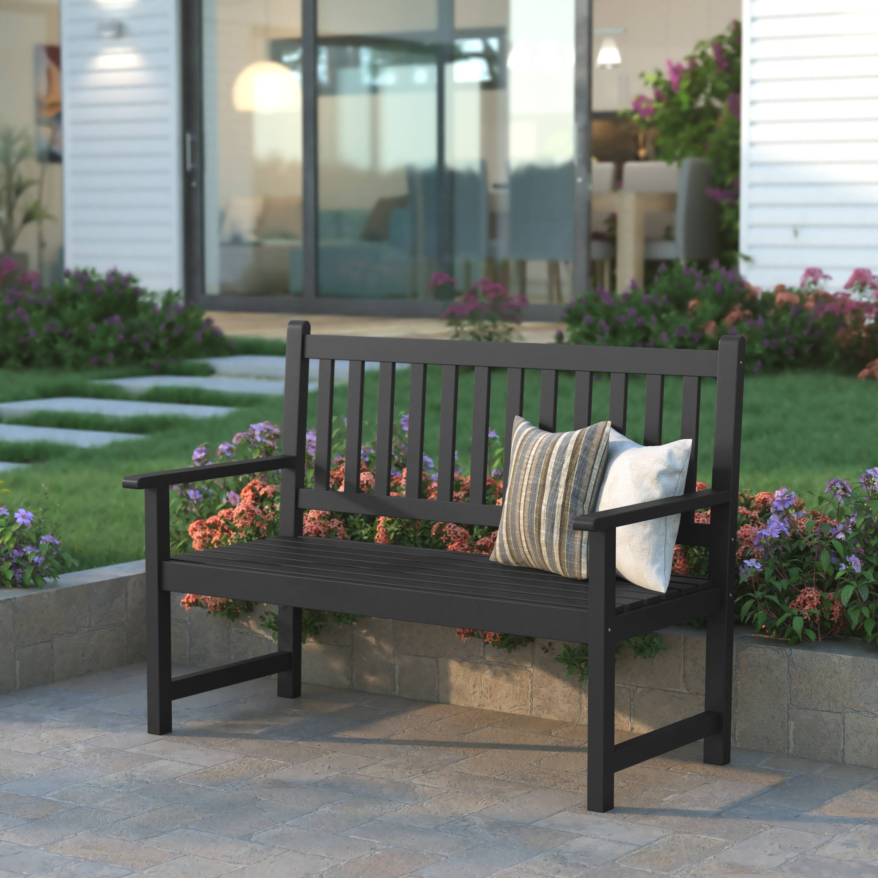 Alt View 1. Emma + Oliver - Acacia Wood Slatted Patio Bench Loveseat for 2 for Indoor/Outdoor Use - Black.