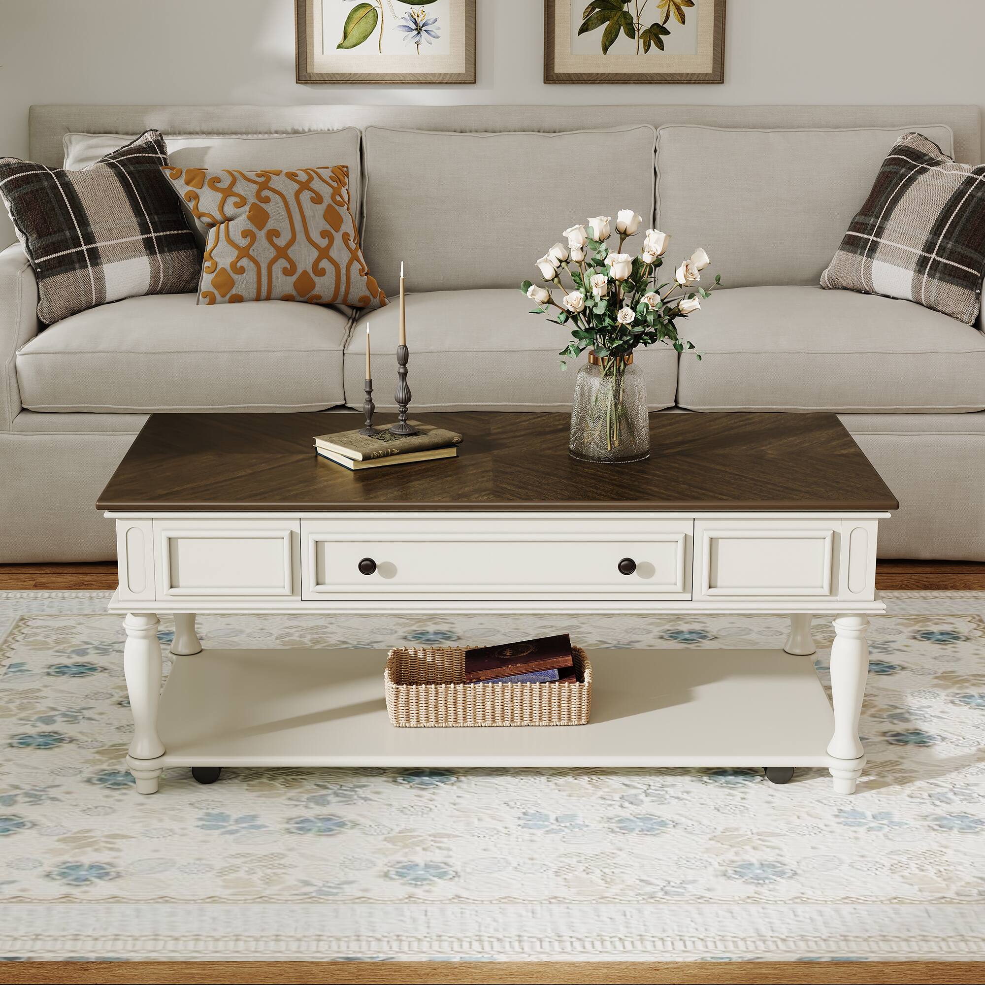Angle. Tiramisubest - Farmhouse Coffee Table with One Drawer,Retro Movable Rectangular Center Table with Lockable Wheels,Grey+White - Grey+White.