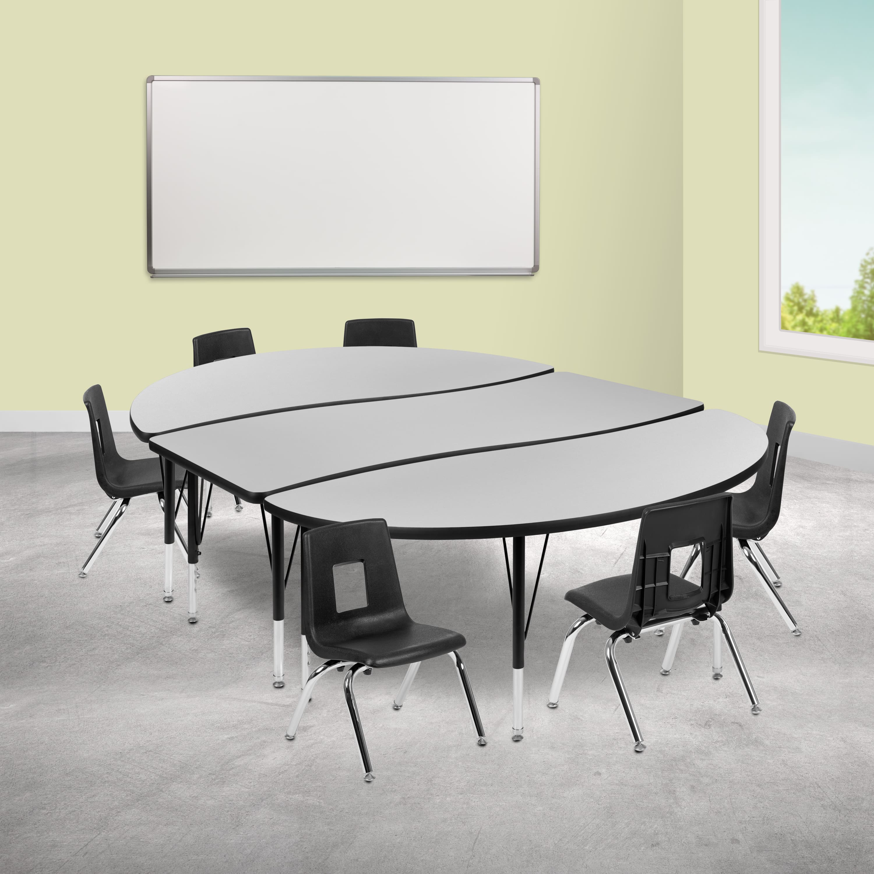 "Emma + Oliver - 86"" Oval Wave Collaborative Laminate Activity Table Set with 12"" Student Stack Chairs, Grey/Black - Gray" price history on PriceWatchPro
