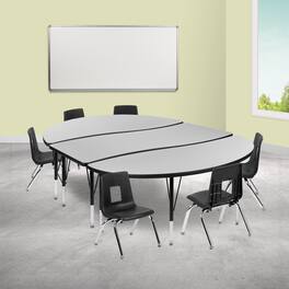 Emma + Oliver - 86" Oval Wave Collaborative Laminate Activity Table Set with 12" Student Stack Chairs, Grey/Black - Gray
