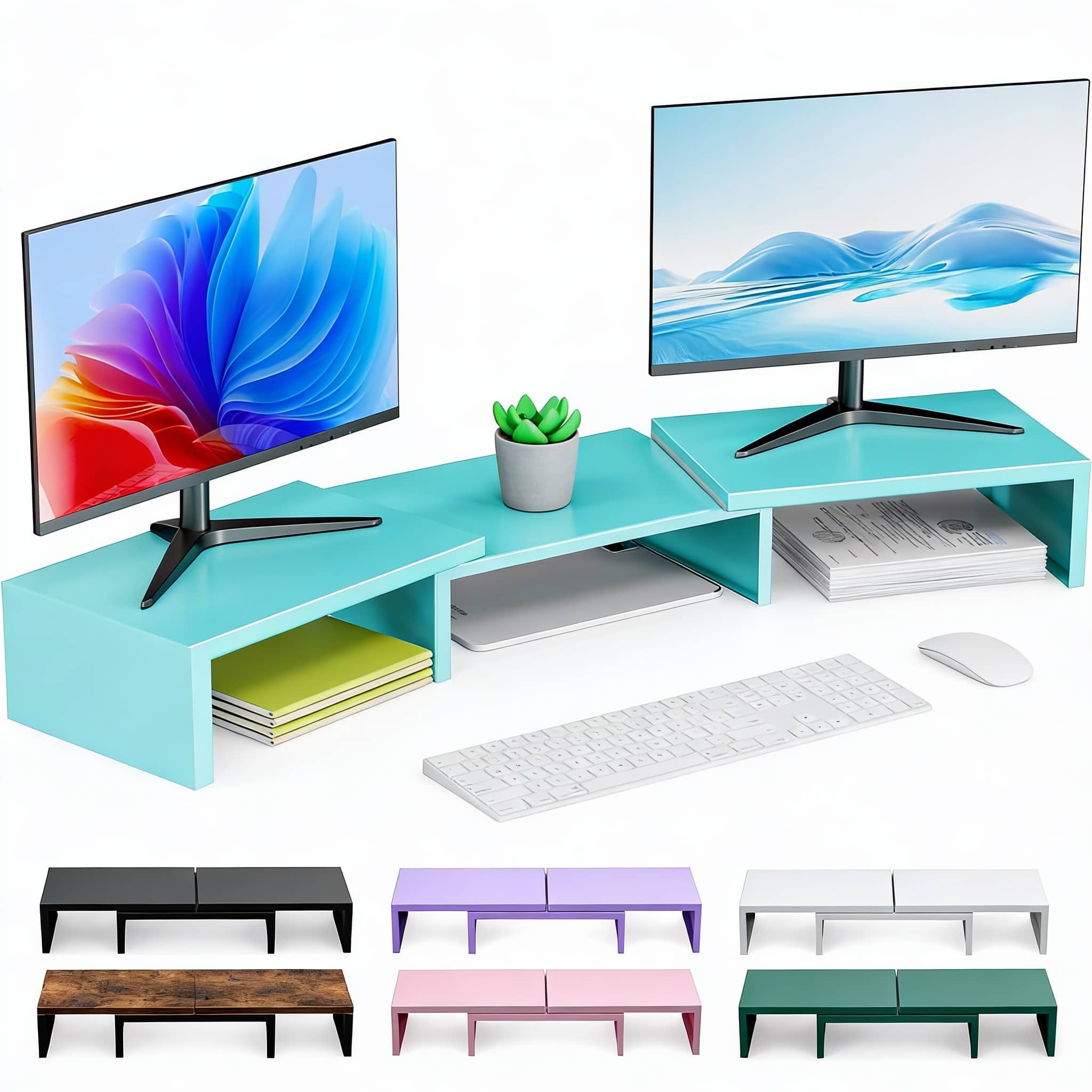 Frangdom - Dual Monitor Stand Metal Riser Desk Organizer - Blue