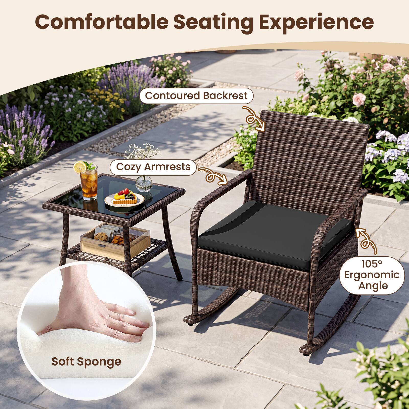 Comfortable Seating Experience
Contoured Backrest
Cozy Armrests
105° Ergonomic Angle
Soft Sponge