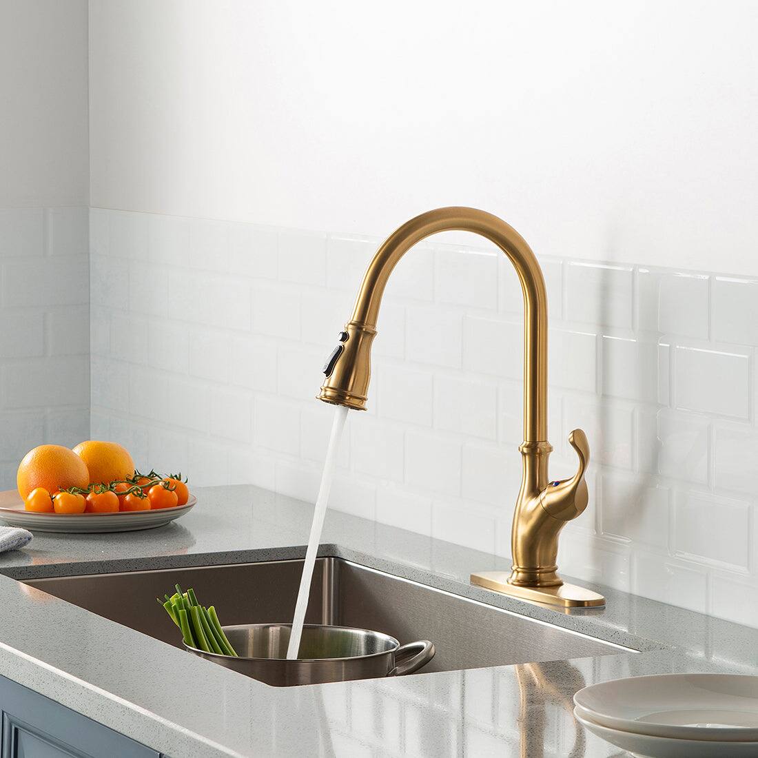 Alt View 3. Boyel Living - 3 Function Single Handle No Sensor Pull Down Sprayer Kitchen Faucet Brushed Gold - Brushed Gold.