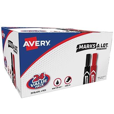 Avery Marks a Lot Permanent  
24 Value Pack  
20 Black, 4 Red  
Won't Dry Out  
Dries to Ink