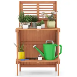 Costway - Wood Potting Bench Waterproof Garden Table with 2-Tier Open Storage Shelf - Natural
